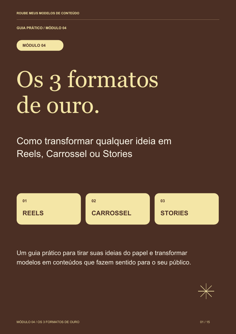 Capa original do e-book Os 3 Formatos de Ouro: como transformar qualquer ideia em Reels, Carrossel ou Stories