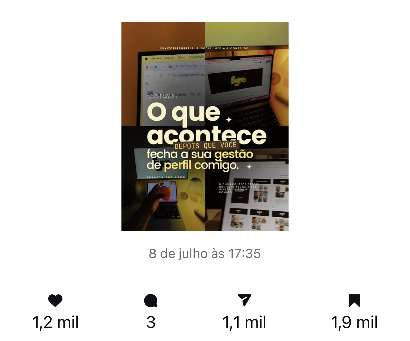 Print de Bastidores da gestão de perfil: 1,9 mil salvamentos e 1,1 mil compartilhamentos