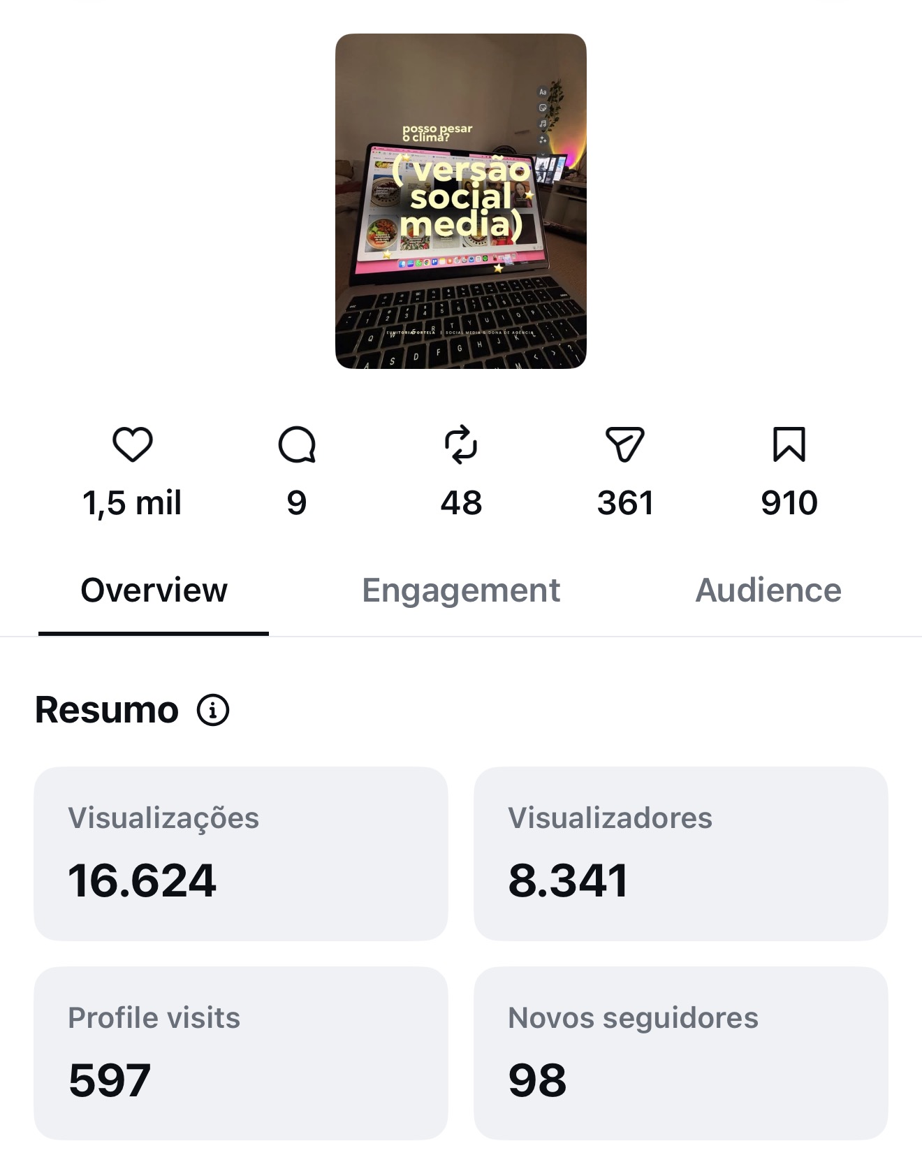 Print de Posso pesar o clima? Versão social media: 16.624 visualizações e 98 novos seguidores