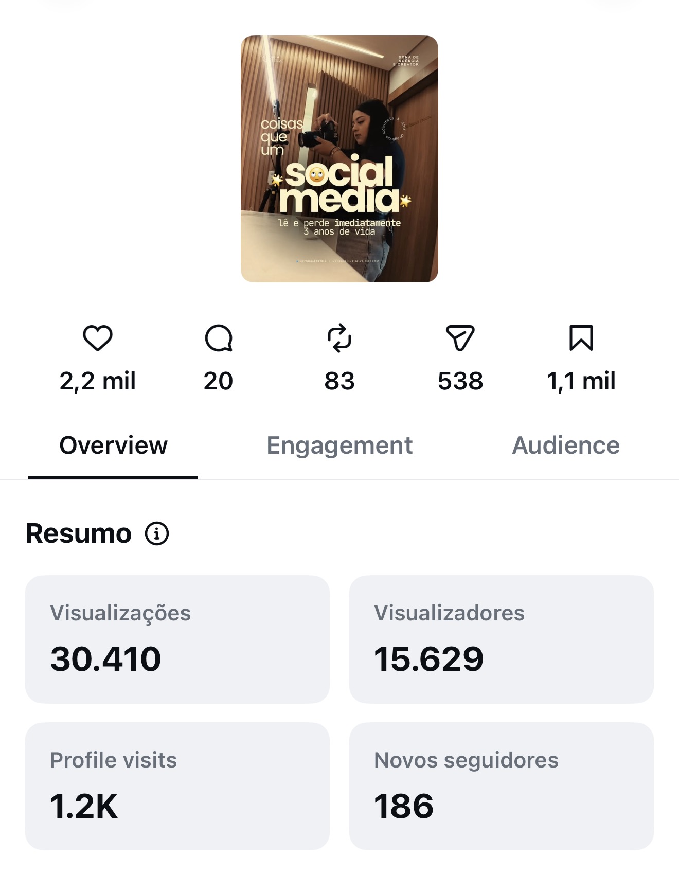 Print de Coisas que um social media lê: 30.410 visualizações e 186 novos seguidores