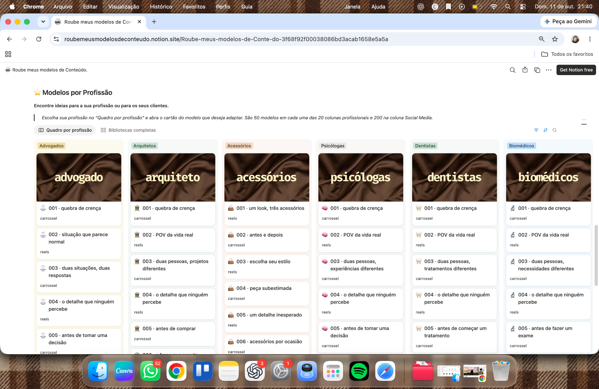 Modelos por profissão no Notion